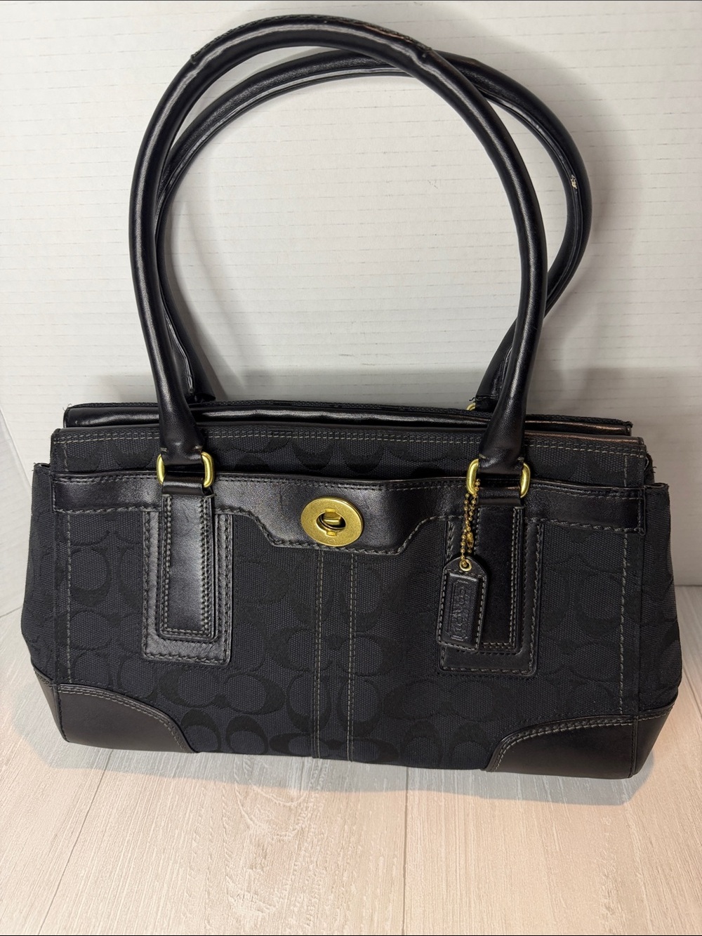 Coach Black Signature Canvas Shoulder Bag with Gold Hardware